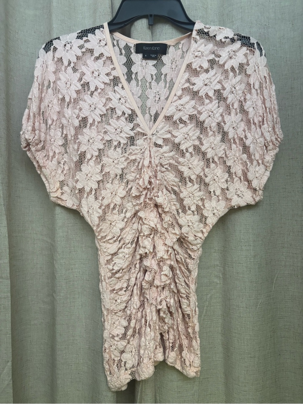 Karen Kane Blush Pink Floral Lace V-Neck Ruched Top